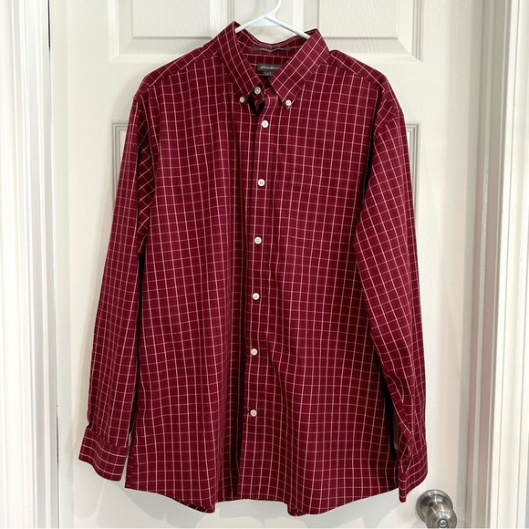 Eddie Bauer Mens Red Plaid Checkered Long Sleeve Button Up Dress Shirt L Cotton - Picture 1 of 13